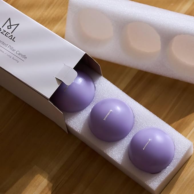 MOZEAL Hand-Poured, 3 Inch Lavender Round Ball Candles - Elegant Lavender Round Pillar Candles Set of 3, Dripless, Unscented, Smokeless, Ideal for Spa and Relaxation Themes.