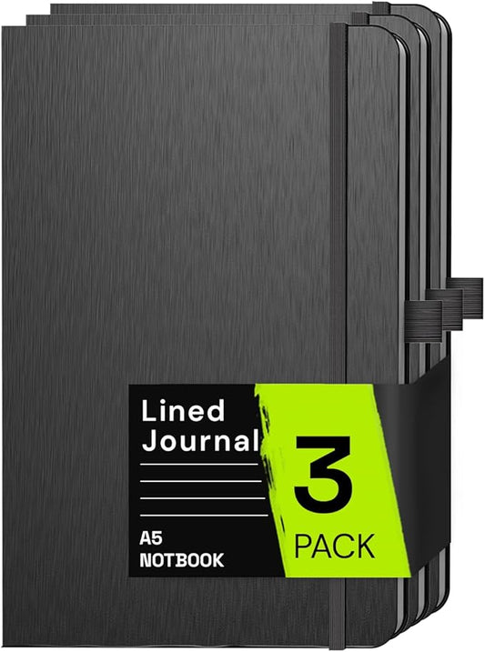 A5 Lined Journal Notebook, 7mm College Ruled Notepad, Journaling for Writing, Work, School, Travel and Note Taking, Hardcover 160 Pages (80 Sheets) 5.79 x 8.3 inches (3 Pack Black)