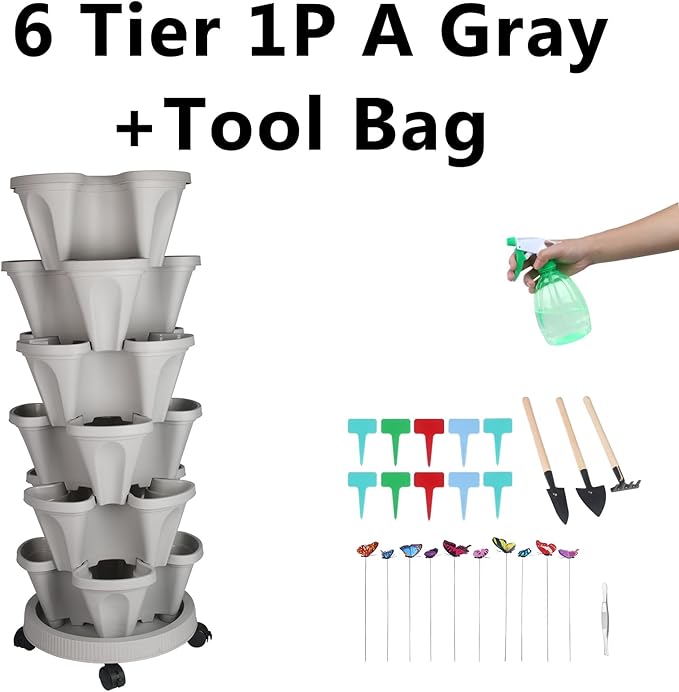 Vertical Planter, 6 Tier Stackable Strawberry Planter with Garden Tool Set, Movable Indoor/Outdoor Garden Herb Pot for Growing Vegetables and Succulents, Gray