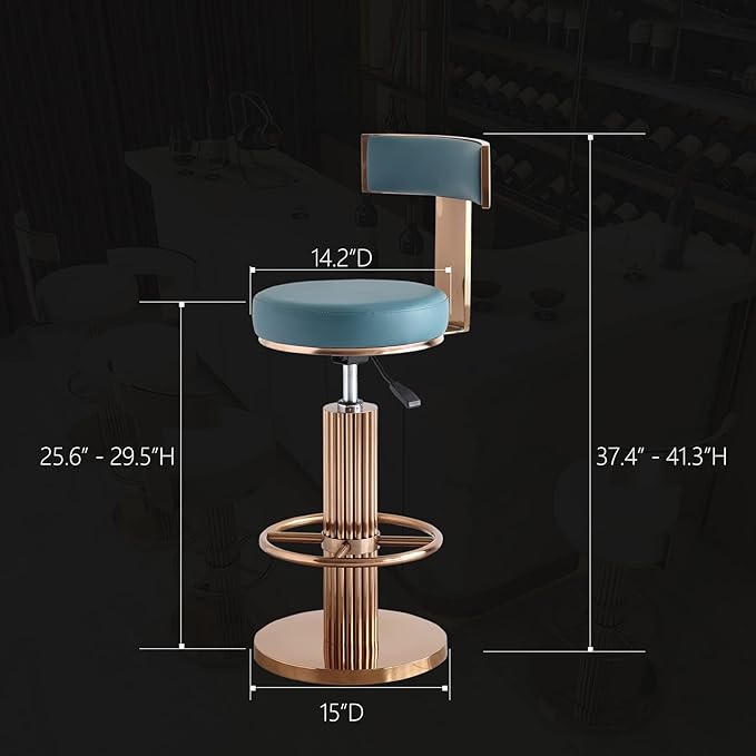 FUNROLUX Swivel Bar Stools with Backrest, Modern Adjustable Height Counter Stool with Stainless Steel Legs and Comfortable Cushion, Rose Bar Chairs for Kitchen Island Counter (Blue)