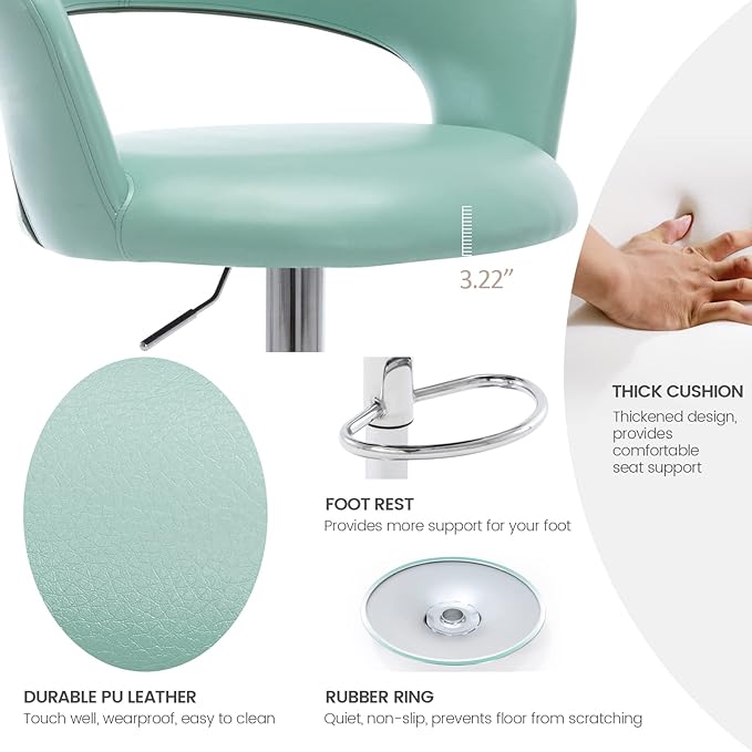 Brage Living Wide Bar Stool, Modern PU Leather Swivel Adjustable Barstool with Hollow Back and Arms, Upholstered Airlift Counter Height Bar Chair for Kitchen Dining (Mint Green)
