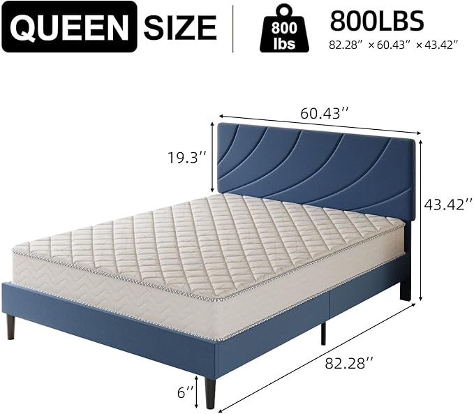 HOMBCK Queen Bed Frame with Adjustable Headboard, Bed Frame Queen Size with Linen Fabric Upholstered and Wooden Slats Support, No Box Spring Needed, Noise-Free, Easy Assembly, Blue