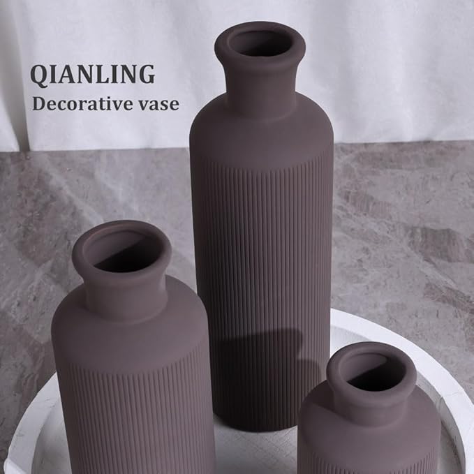 Brown Ceramic Vases Set - 3 Brown Small Vase, Farmhouse Country Vases Home Decor, Living Room Decoration, Table Decoration, Fireplace Decor, and Entrance Decorations Centerpieces