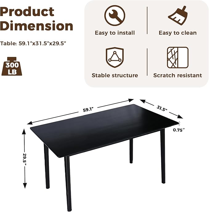 DELAVIN 59" Large Solid Wood Dining Table for 4-6 People, Mid Century Modern Oak Dining Room Table, Farmhouse Rectangular Kitchen Table for Dining Room, Living Room, Easy Assembly, Black