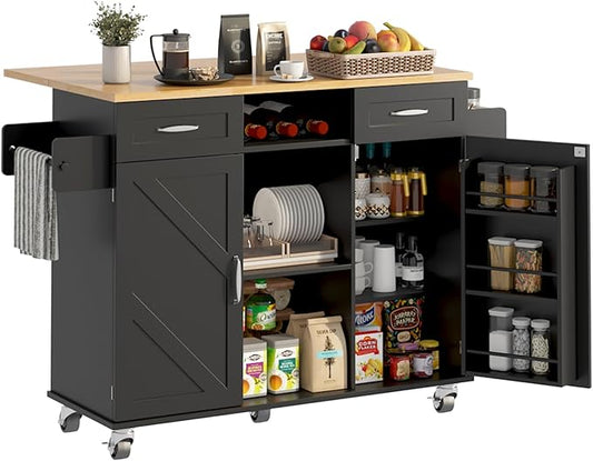 51.5'' Rolling Kitchen Island with Storage Cabinet & Drawers, Drop Leaf Kitchen Cart on Wheels, Farmhouse Portable Mobile Islands, Large Butcher Block Table with Tower/Spice Rack, Black