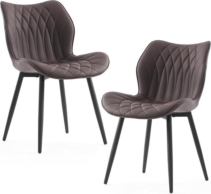 Kidol & Shellder Modern Dining Chairs Set of 2 Comfy Dining Room Chairs with Thick Cushions PU Leather Upholstered Kitchen Side Chairs with Metal Legs Brown