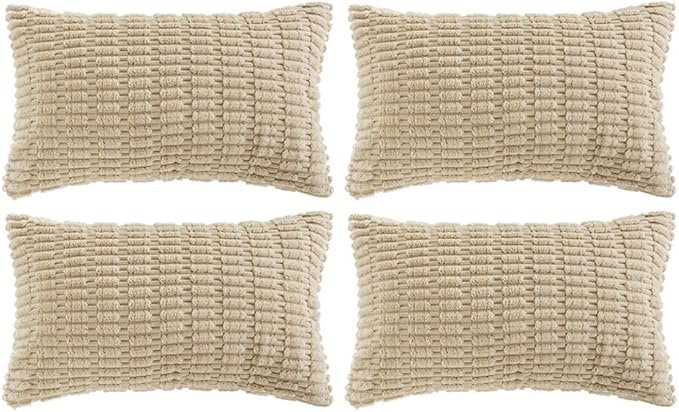 Fancy Homi 4 Packs Tan Decorative Throw Pillow Covers 16x24 Inch for Living Room Couch Bed Sofa, Beige Rustic Farmhouse Boho Home Decor, Soft Plush Striped Corduroy Square Cushion Case 40x60 cm