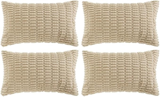 Fancy Homi 4 Packs Tan Decorative Throw Pillow Covers 16x24 Inch for Living Room Couch Bed Sofa, Beige Rustic Farmhouse Boho Home Decor, Soft Plush Striped Corduroy Square Cushion Case 40x60 cm