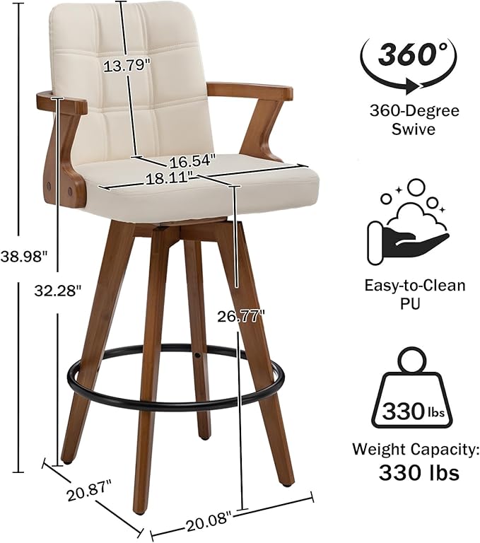 26” Counter Height Bar Stools,Leather Upholstered Bar Chair, Swivel Bar Stools with Back and Arms，Modern Beige Barstool Set of 2 for Kitchen Island