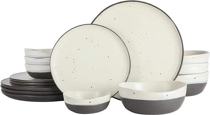 Gibson Elite Rhinebeck 16-Piece Double Bowl Dinnerware Set, Service for 4 – White and Black Stoneware Plates and Bowls