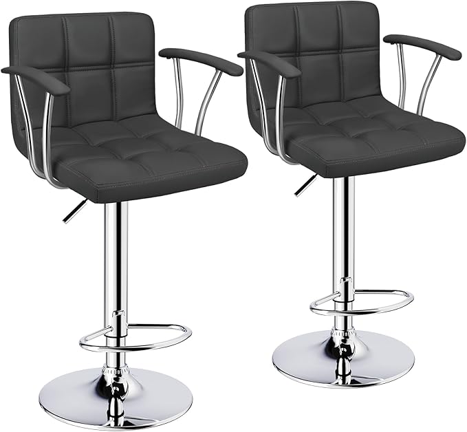 Bar Stools Set of 2,Armrest Adjustable Swivel Barstools with Back,Double Needle PU Leather Counter Height Bar Stools for Kitchen Island, Grey