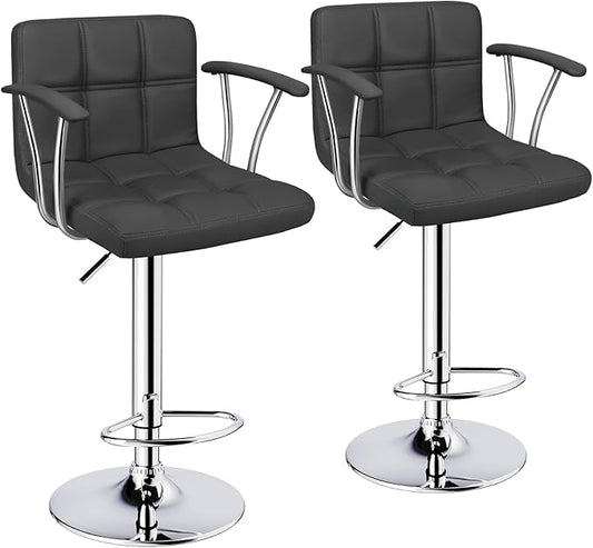 Bar Stools Set of 2,Armrest Adjustable Swivel Barstools with Back,Double Needle PU Leather Counter Height Bar Stools for Kitchen Island, Grey