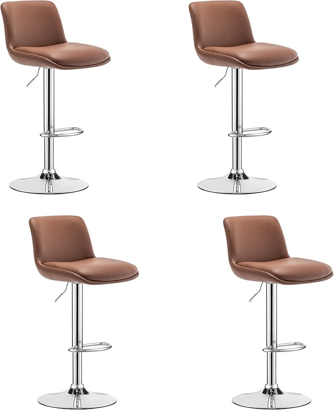 MINCETA Bar Stools,Modern Upholstered Swivel Stool with Back for Bar and Counter Height, Adjustable Height 24" to 34",Set of 4,PU in Brown