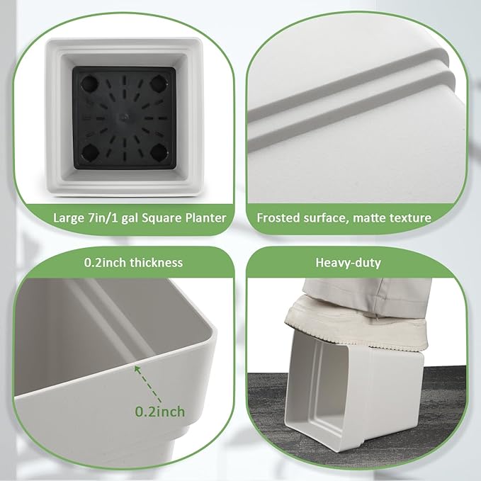 6-Pack 7'' Square Planters with Built-in Drainage Tray – Heavy-Duty Plastic Pots with Drainage Holes and Bottom Stopper, BPA-Free White Matte Planter Stackable for Indoor Plants, Herbs, Flowers