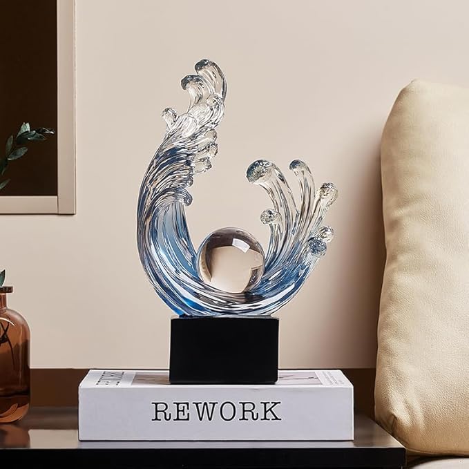 Modern Abstract Decorative Wave Statue, Blue Abstract Art Home Decor,Crystal Ball Art Wave Resin Sculpture, Office Desk Stand, Dining Table Center Decorative Aesthetics (A,Navy-Blue)