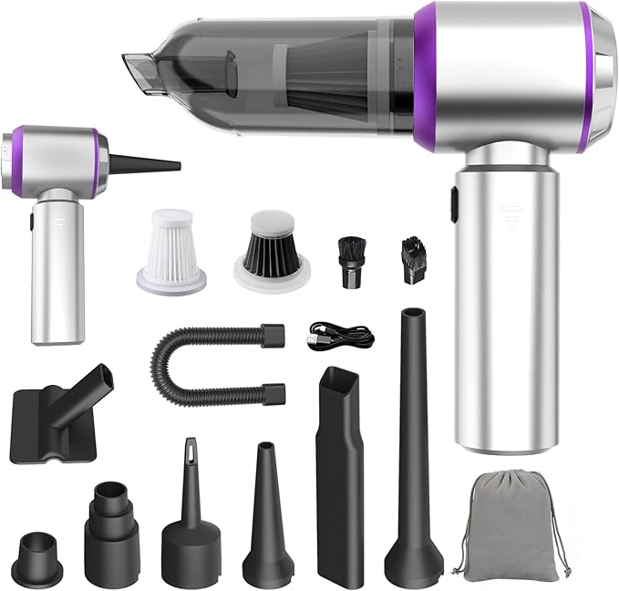Mini Car Vacuum Cleaner, 4 in 1 Cordless Vacuum Cleaner, 22000PA High Power Portable Car Vacuum with Brushless Motor, for Home, Office, Camping (Silver Purple)