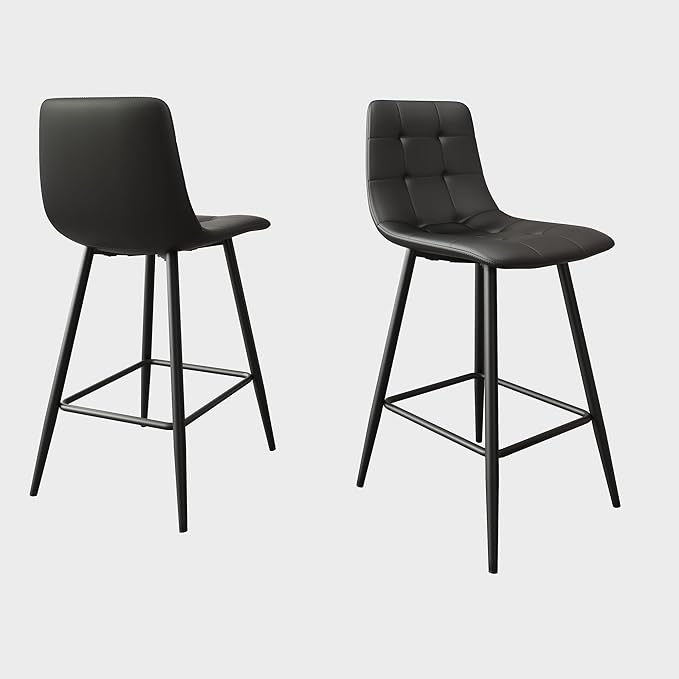 Black Bar Stools Set of 2,Faux Leather Counter Height Bar Stools,Modern 24.6" Bar Chairs with Back Metal Footrest,Counter Stool with Back and Footrest for Kitchen Island Restaurants Pubs