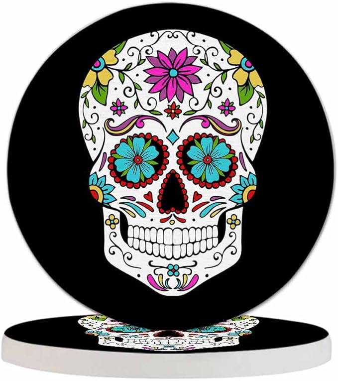 Sugar Skull Round Coaster for Home Coffee Table Human Head Mexican Spooky Skeleton Horror Bone Death Farmhouse Drink Coasters 100% Diatomite 4''X 4''X 0.35'' Printed Pattern
