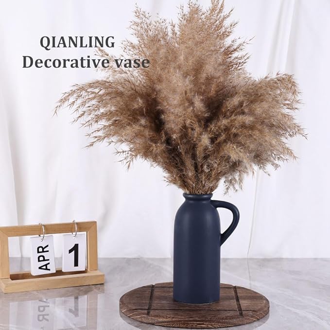 Blue Ceramic Vase with Handles Set - 3 Matte Blue Jug Vases, Farmhouse Country Flower Vase Home Decor, Living Room Decoration, Table Decoration, Fireplace Decor, and Entrance Decorations Centerpieces