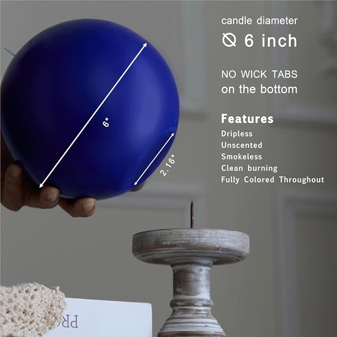 MOZEAL Hand-Poured, 6 Inch Royal Blue Large Round Ball Candles - Elegant Royal Blue Round Pillar Candles, Dripless, Unscented, Smokeless, Ideal for Formal Events.
