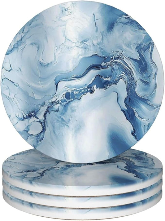 White Blue Marble Coasters for Drinks Absorbent Ceramic Coaster Set of 4 for Coffee Table Cup Bar Desk Round Coasters Mat with Cork Base Seasonal Home Decors
