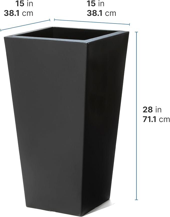 Step2 Tremont Tall Square Tapered Planter, Large Planters for Outdoor Plants, Gardening and Flower Pot for Patio or Porch, Efficient Drainage, Durable Plastic, Onyx Black, 2-Pack