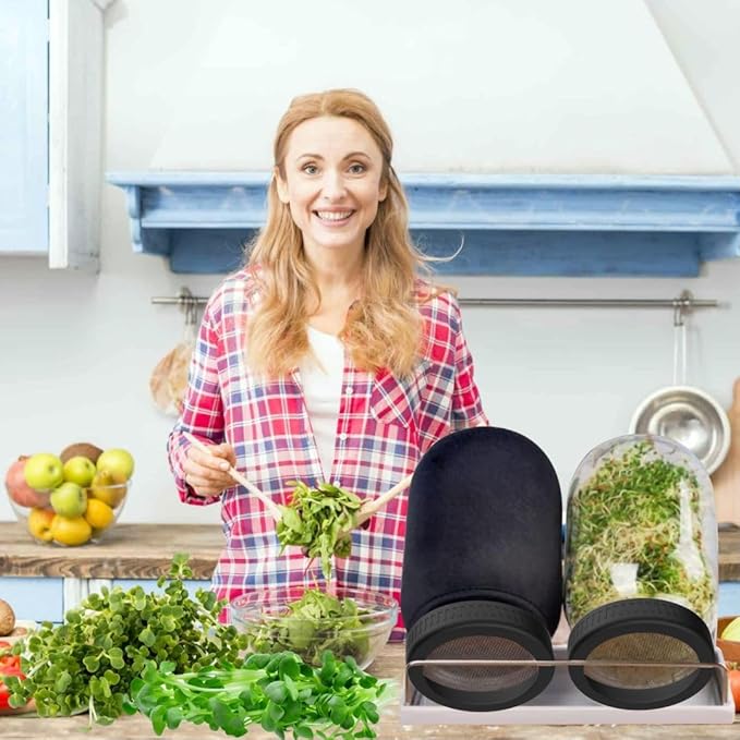 Organic Seed Sprouting Jar Kit – 2 × 32 oz Wide-Mouth Mason Jars with Stainless-Steel Sprouter Lids & Stand, Blackout Sleeves, Drain Tray – Grow Broccoli, Alfalfa & Bean Microgreens