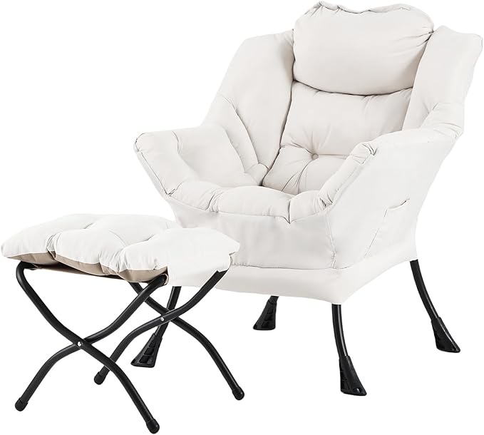 Welnow Lazy Chair with Ottoman, Modern Reading Lounge Accent Chair with Armrests and a Side Pocket, Leisure Upholstered Lazy Sofa Set with Footrest for Small Space, Beige