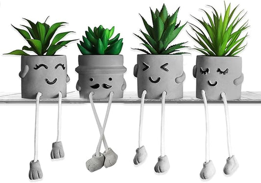 MAKHOT 4 Pcs Creative Artificial Succulent Plants with Cement Pot, Fake Small Plant for Desk Faux Succulents for Bathroom Decor, Mini Plants Succulent Cute Hanging Leg Potted for Office Shelf Decor
