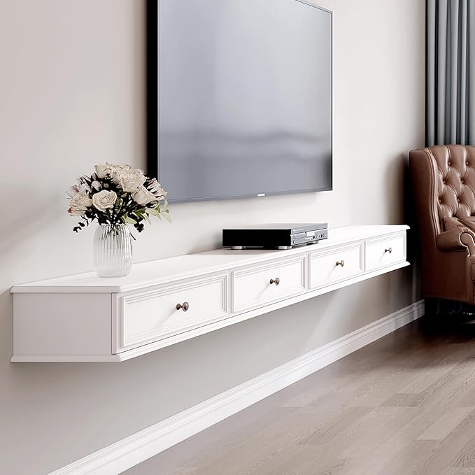 86-inch Wall-Mounted TV Stand, Accommodates 50- to 75-inch TVs, Features Hidden Cable Management, high Weight Capacity, Space-Saving White Floating TV Stand