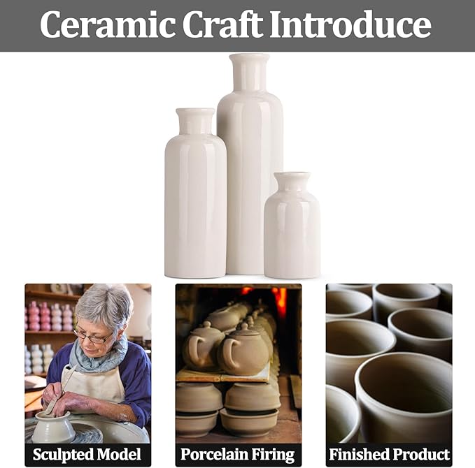 Farmhouse Decor 3 Piece Set - White Crackle Ceramic Vase for Country Home Centerpieces, Living Room, Table, Fireplace and Entrance