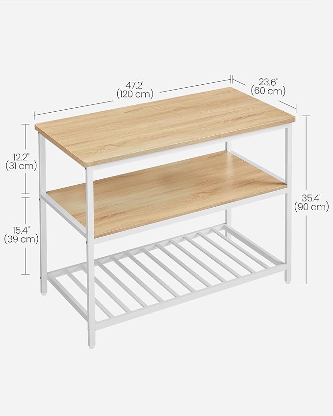 VASAGLE Kitchen Island with 3 Shelves, 47.2 Inches Width Kitchen Shelf with Large Worktop, Stable Steel Structure, Industrial, Easy to Assemble, Oak Color and White UKKI001W09