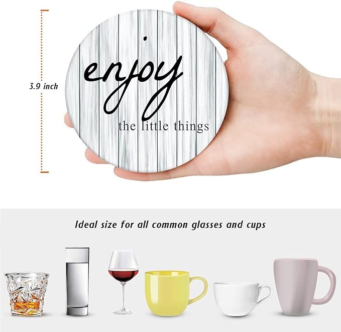 Britimes Coaster for Drinks Set of 6, White Old Wood Wooden Board Table Absorbent Round Ceramic Stone Mat, with Cork Base and Metal Holder, Gift for Housewarming Room Bar Decor