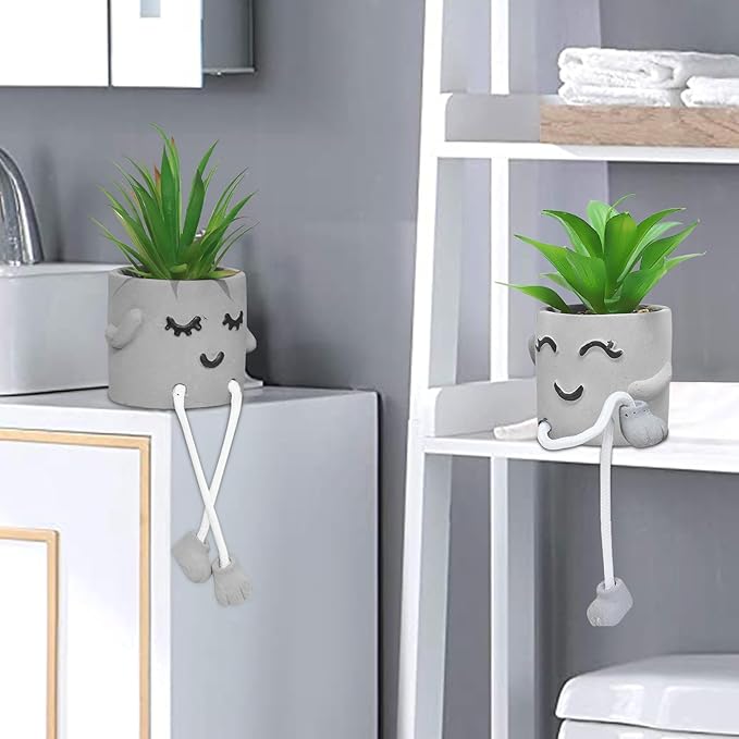 Zerzsy Faux Succulents in Cement Pots with Hanging Leg, Potted Mini Fake Plants for Desk Decor, Kitchen Shelf Decor, Office Decoration for Women, Bathroom Shelf Plants Decoration- Set of 2