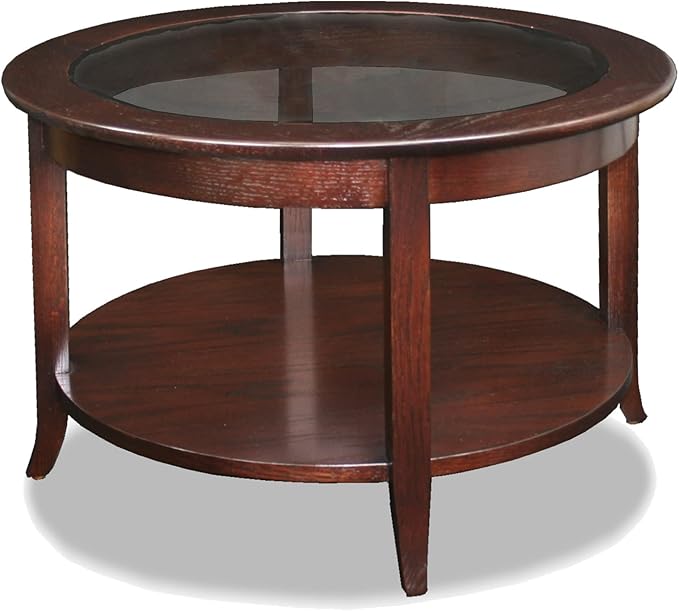 Sheldon Round Glass Top Solid Wood Coffee Table with Shelf, Chocolate Oak Brown – Leick Home, 10037