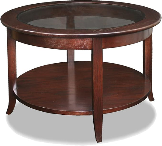 Sheldon Round Glass Top Solid Wood Coffee Table with Shelf, Chocolate Oak Brown – Leick Home, 10037