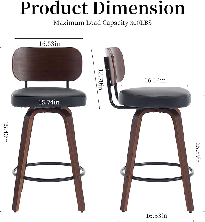 Counter Stools Set of 4, 26 inch Swivel Counter Height Bar Stools with Walnut Back,Upholstered PU Leather, Bentwood Legs, Mid Century Modern Bar Chairs for Kitchen Island, Black