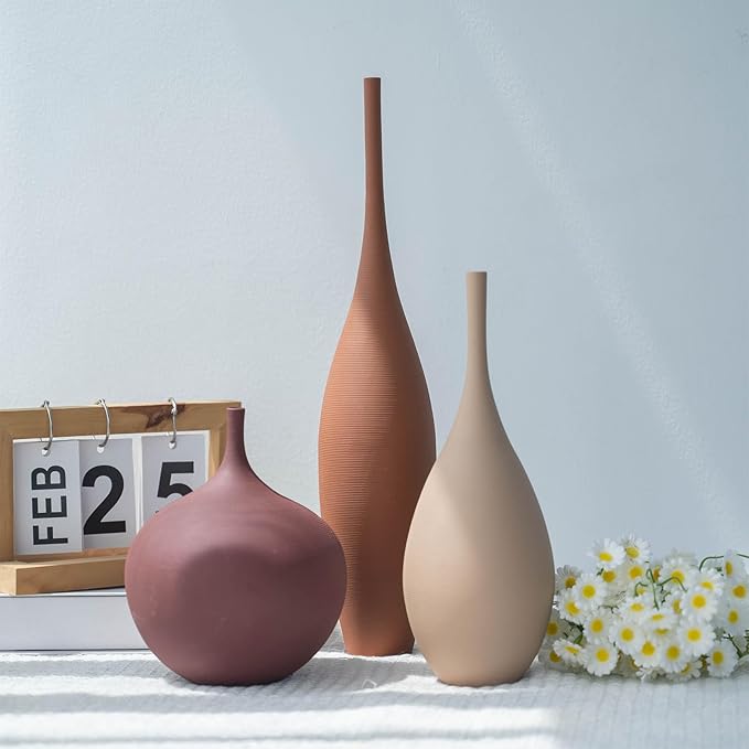 Ceramic Modern Vase Set of 3 Farmhouse Decorative Vase Minimalist Aesthetic Vases for Centerpieces Matte Ribbed Vases for Home Decor Table Entryway Living Room (Brown+Khaki+ Dark Red)