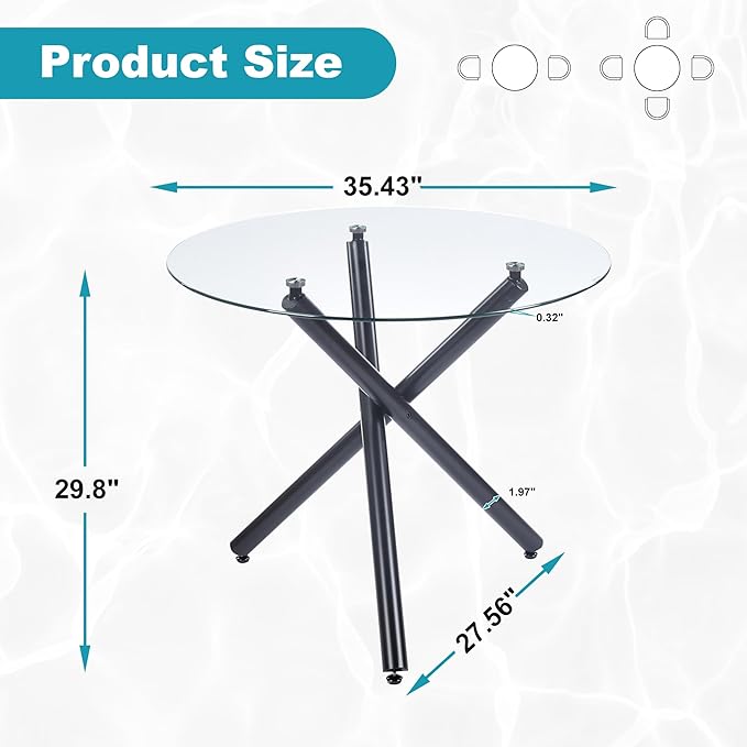 Kitchen Table Classic Dining Table for 4 Round Glass Dining Table 35.43" Kitchen & Dining Room Tables with Metal Legs and Glass Tabletop for Dining Room and Apartment, Black