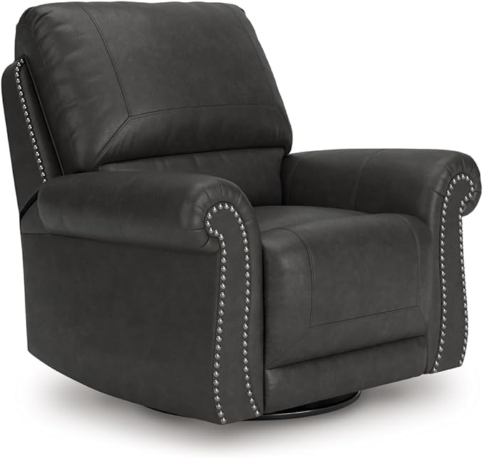 Signature Design by Ashley Chatterton Classic Faux Leather Manual Rocker Swivel Glider Recliner with Nailhead Trim, Black