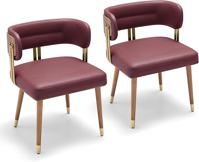Modern Mid-Century Upholstered Leather Dining Chairs Set of 2 with Thick High-Resilience Foam, Walnut Wood Veneer,Dining Chairs with Anti-Slip Pads,Cherry