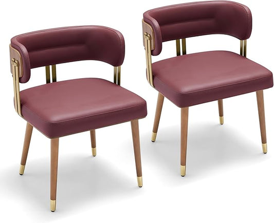 Modern Mid-Century Upholstered Leather Dining Chairs Set of 2 with Thick High-Resilience Foam, Walnut Wood Veneer,Dining Chairs with Anti-Slip Pads,Cherry