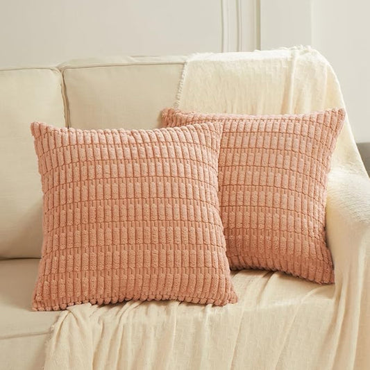 Fancy Homi 2 Packs Peach Farmhouse Decorative Throw Pillow Covers 20x20 Inch for Living Room Couch Bed Sofa, Rustic Boho Home Decor, Soft Striped Corduroy Square Cushion Case 50x50 cm