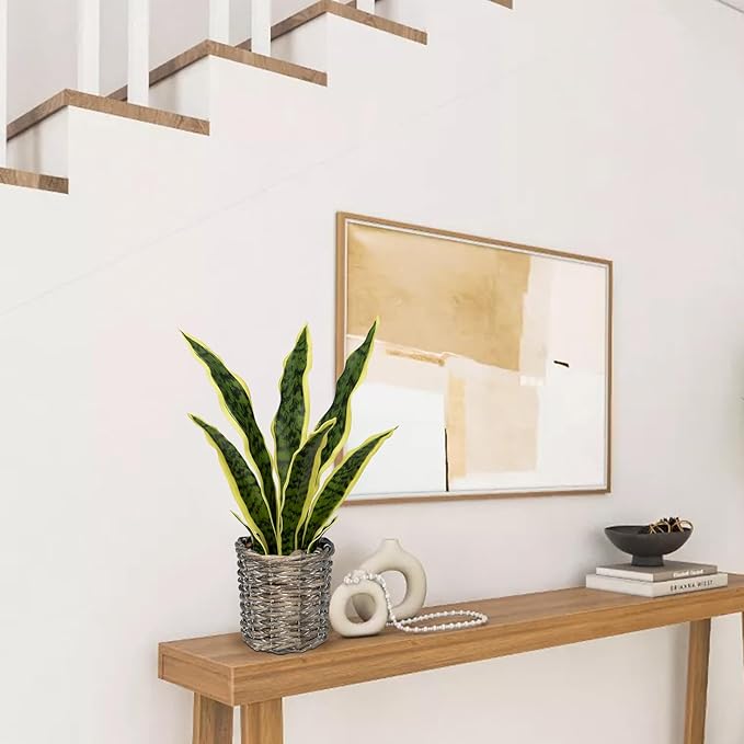 DILATATA Artificial Snake Plant 15 Inch Fake Sansevieria with Woven Basket Pot, Fake Mother in Law Plants Faux Potted Plant Greenery for Home Office Decor Indoor - Yellow