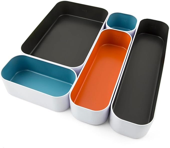 Three by Three Seattle 5 Piece Metal Organizer Tray Set for Storing Makeup, Stationery, Utensils, and More in Office Desk, Kitchen and Bathroom Drawers (2 Inch, Multicolor)