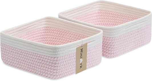 Small Square Shallow Baskets for Organizing, 9.7x9.7x4.3 Inch Rope Woven Storage Bins for Cubes Closet, Shelves Storage, Boho Decorative Basket, 2 Packs Off White Pink