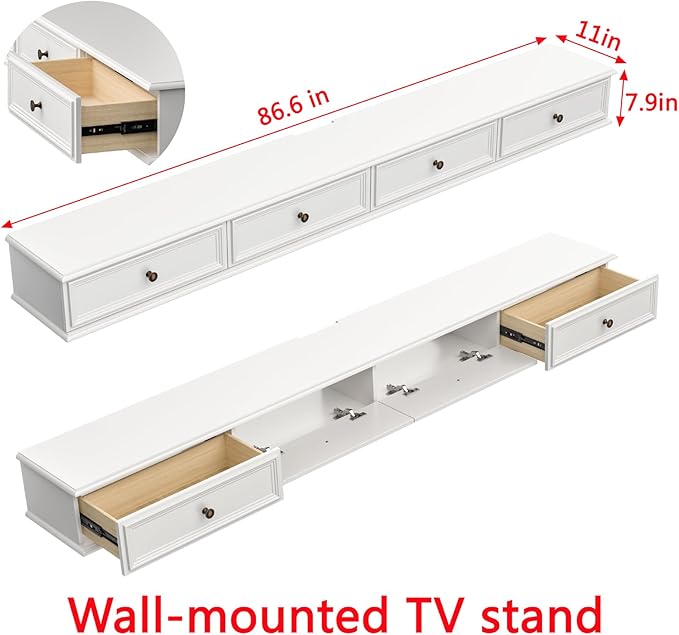 86-inch Wall-Mounted TV Stand, Accommodates 50- to 75-inch TVs, Features Hidden Cable Management, high Weight Capacity, Space-Saving White Floating TV Stand