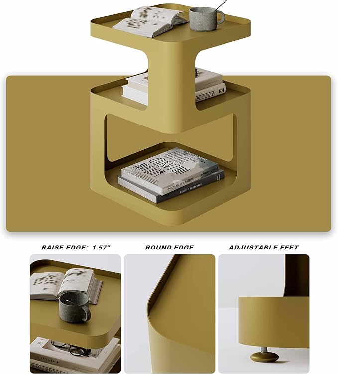 XIV Side Table, Small End Table, Modern Nightstand, Accent Bedside Table, 3 Tier Night Stands, Metal Bed Side Table for Living Room Bedroom Outdoor Entryway, No Assembly Required (Gold, Square)