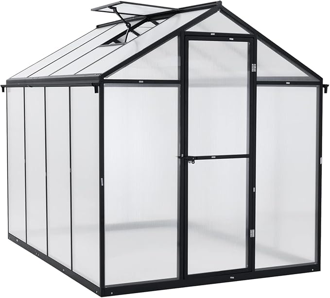 Aoodor 6 x 8 Ft Walk-in Greenhouse with Gutter, Polycarbonate and Heavy-Duty Aluminum Frame, Adjustment Skylight and Lockable 2-Sided Door for Patio, Outdoor, Yard, Lawn Use, Black