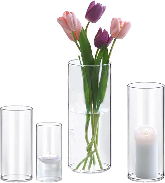 PHOSPHOR 4 PCS Glass Candle Holder, Hurricane Candle Hoder, Glass Pillar Candle Holder, Clear Cylinder Candleholder Cylinder Vase for Centerpieces Wedding Party Decoration